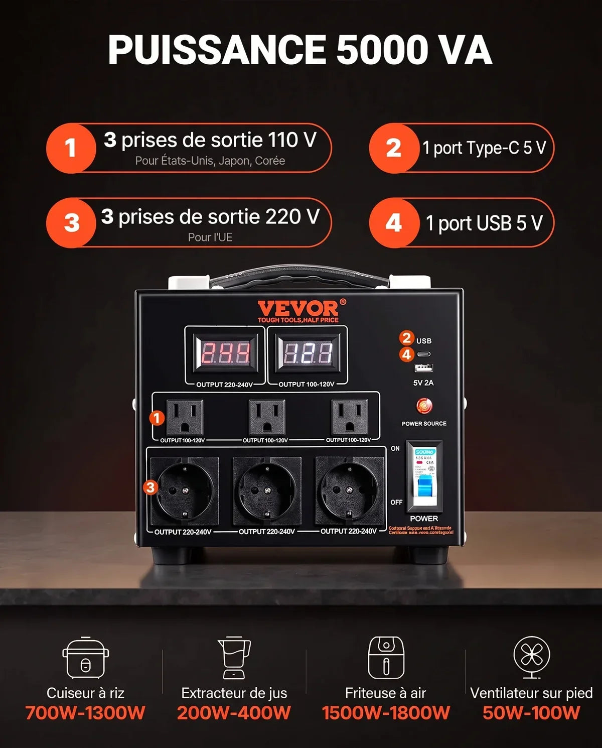 Transformateur 220 V - 110 V Convertisseur de Tension 5000 W