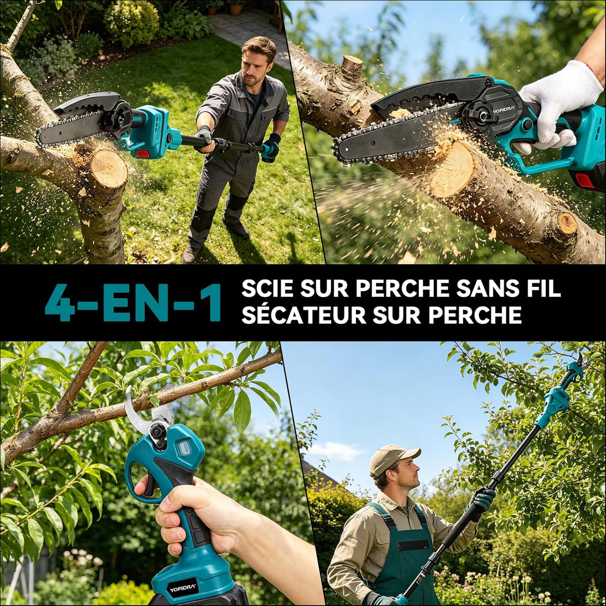 Yofidra - Élagueuse sur perche 4 en 1 à batterie, perche 2,4 m, 2 batteries 3,0 Ah