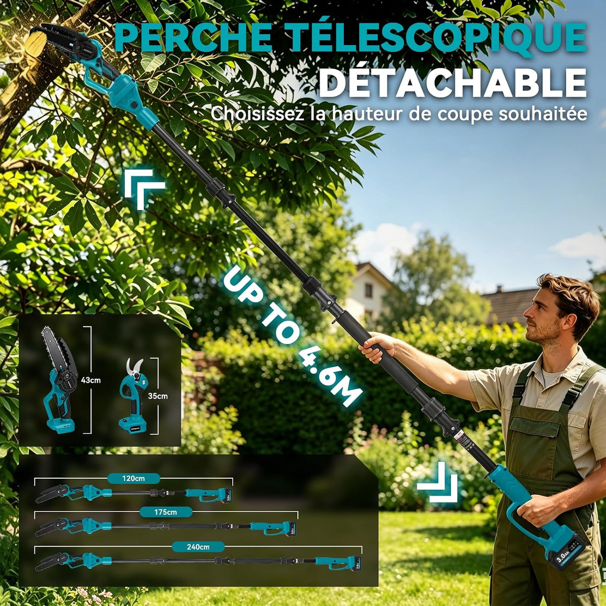 Yofidra - Élagueuse sur perche 4 en 1 à batterie, perche 2,4 m, 2 batteries 3,0 Ah