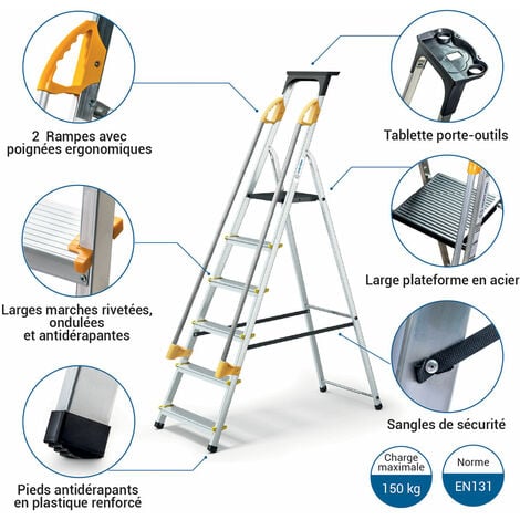 Escabeau 6 marches DURAMP pliable avec rampes de sécurité et porte-outils Hoström
