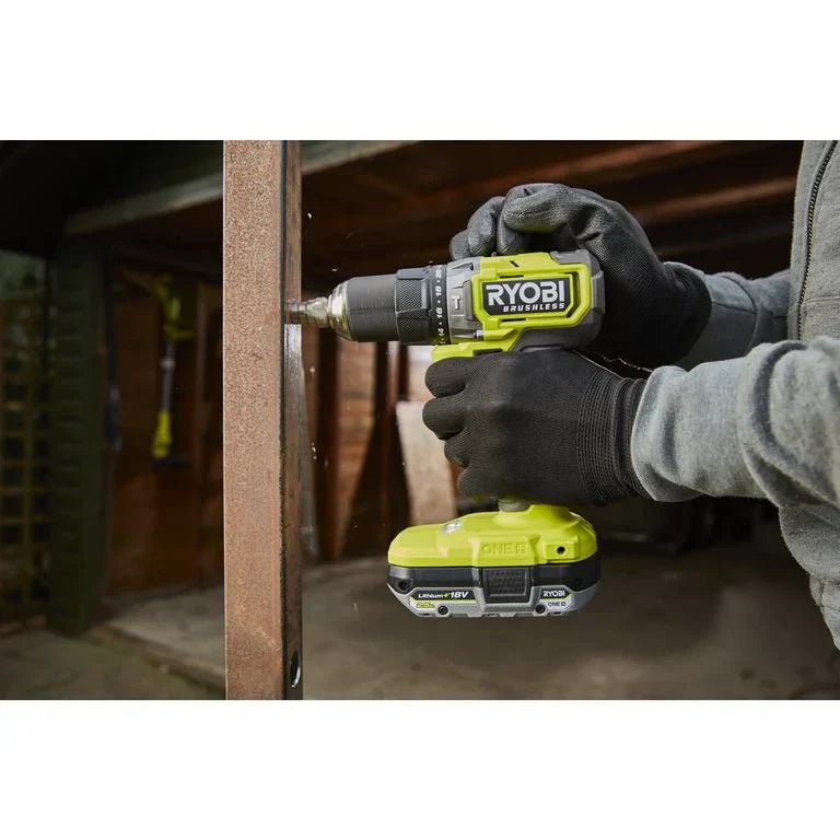 RYOBI - Perceuse-visseuse à percussion Brushless 18V ONE+™ (1x4.0Ah & 1x2.0Ah) + compresseur OFFERT