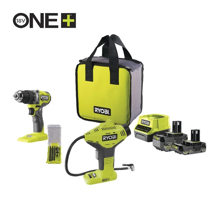RYOBI - Kit perceuse à percussion compacte et compresseur avec 1 batterie de 4.0 Ah + chargeur 2A 18V ONE+™